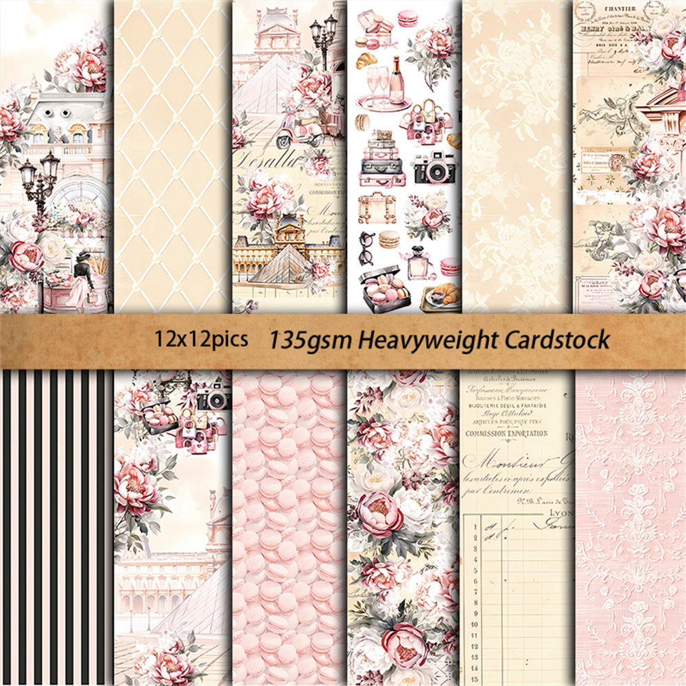 Paris Background Paper - Retro Collage Series, 12 Sheets - ViktaShop