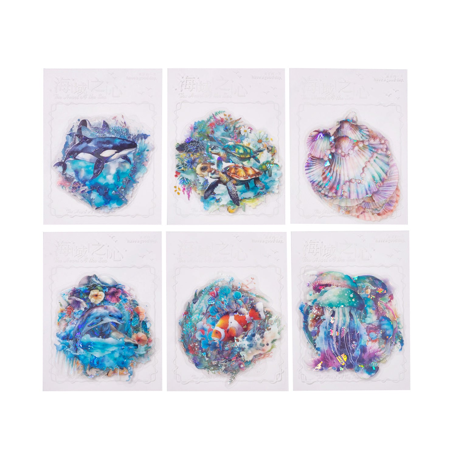 Sea Heart Series PET Stickers, Ocean Theme, 10 Pcs - ViktaShop