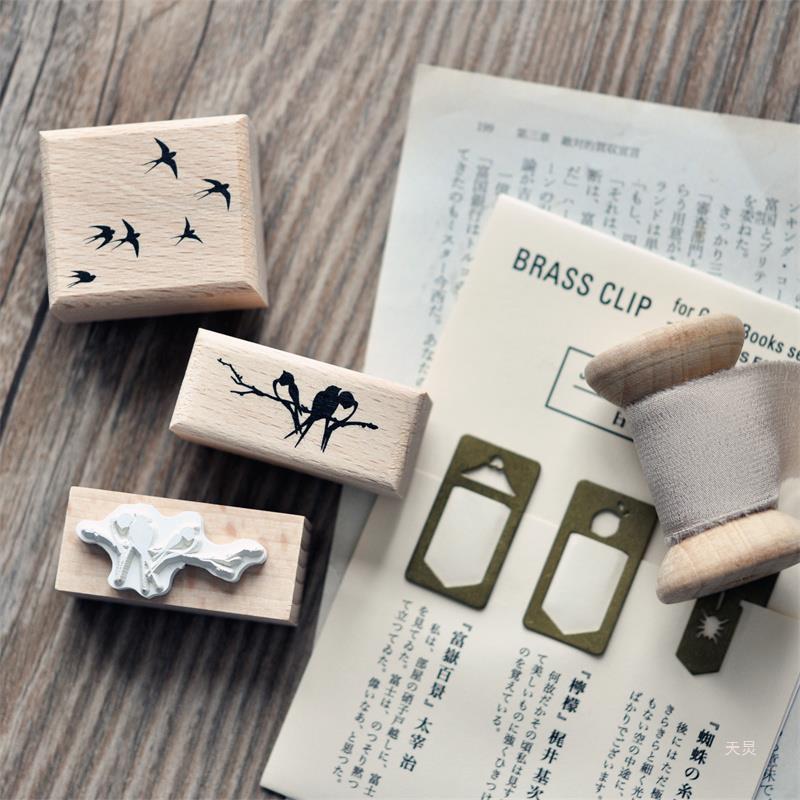 Swallow Branch Wooden Stamp – Retro Collage Design, 2 Options - ViktaShop