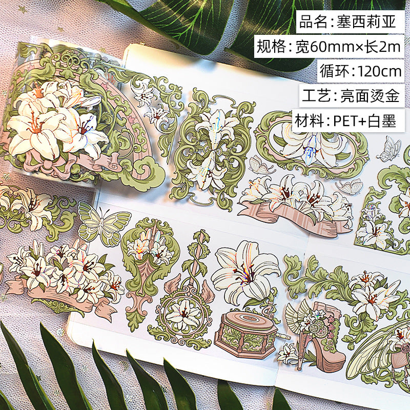 Modern Floral PET Tape - Decorative Flower Sticker Roll, 2m - ViktaShop