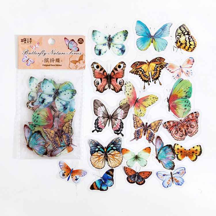 Vintage Butterfly PET Stickers, 40 Pcs