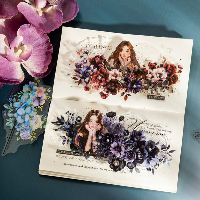Twilight Flower Sea PET Stickers – Floral & English DIY Set, 15 Pcs - ViktaShop