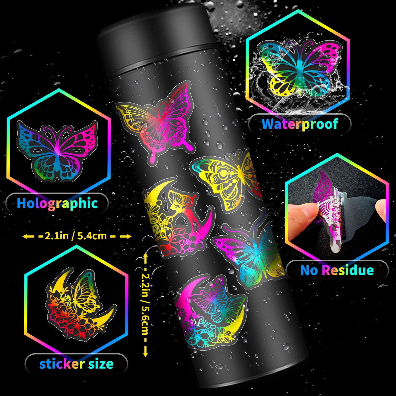 Gold Laser Butterfly Stickers – Dream Color Flash Series, 50 Pcs - ViktaShop