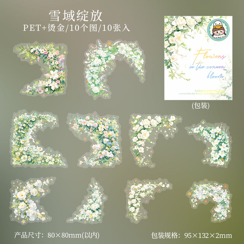 Snowy Bloom PET Stickers - Corner Flower Series, 6 Options - ViktaShop