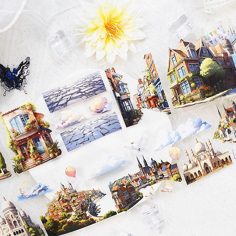 Cartoon Cute House Building Landscape Tape – Sticker Collage, 2m - ViktaShop