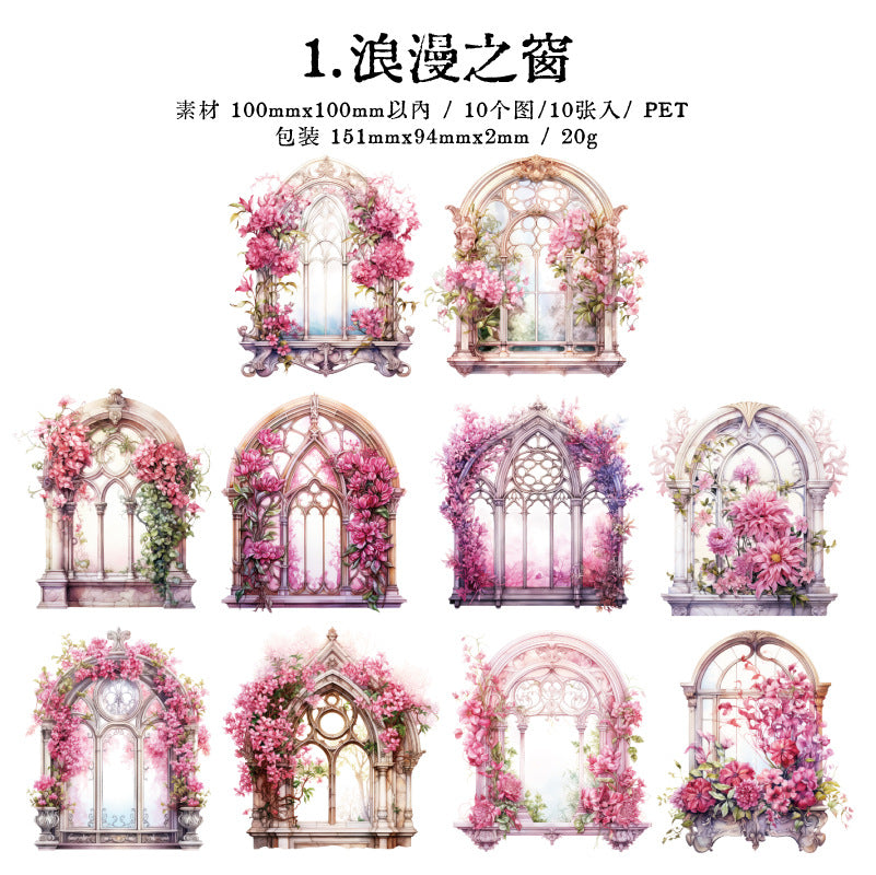 Gorgeous Flower Window Series – Retro Flower Window Theme Stickers, 10 Pcs - ViktaShop