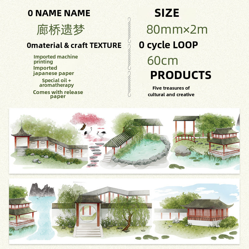 Vintage Landscape Scenery Tape - Retro Ancient Style Garden Culture - 2m - ViktaShop