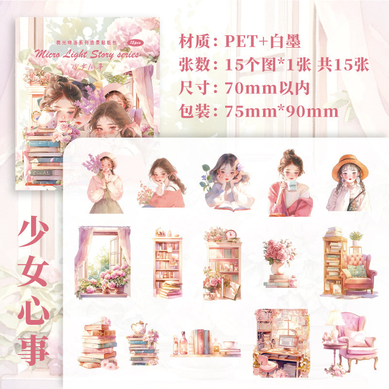 Paper PET Sticker Pack - Glow Light Story Series, Figure & Landscape, 15 Pcs - ViktaShop