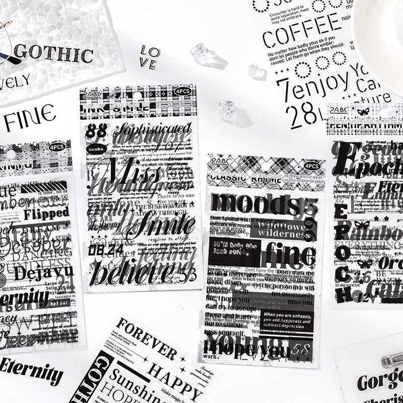 Collage Text Black and White Retro Stickers, 4 Pcs - ViktaShop