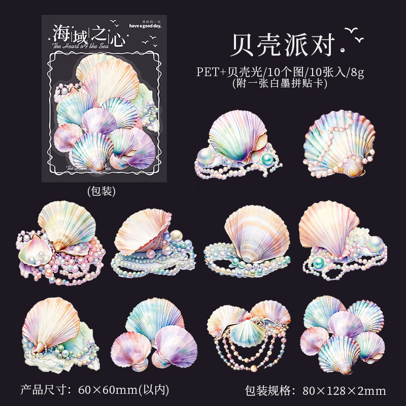 Sea Heart Series PET Stickers, Ocean Theme, 10 Pcs - ViktaShop