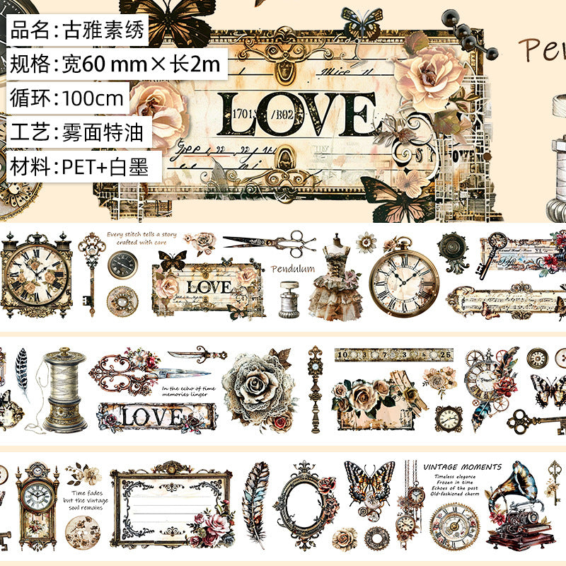 Retro Flower Hand Account Tape – Antique Material, PET Tape - 2m - ViktaShop