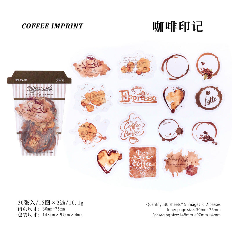 A Cup of Coffee Time Series PET White Ink Sticker Pack, 30 Pcs - ViktaShop