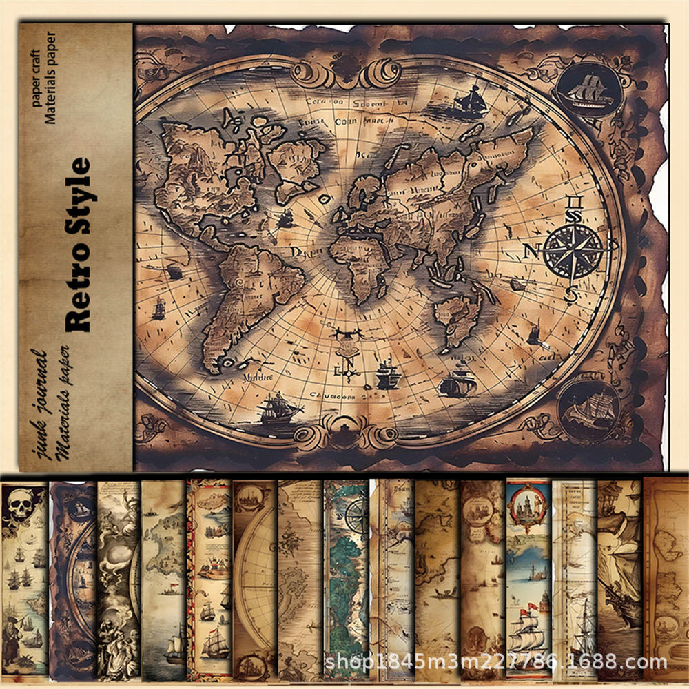 Roaming Map Retro Background Paper - European & American Collage Series, 15 Sheets - ViktaShop
