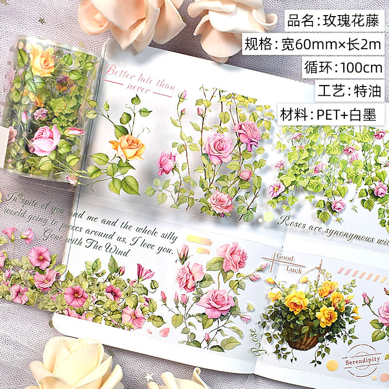 Modern Floral PET Tape - Decorative Flower Sticker Roll, 2m - ViktaShop