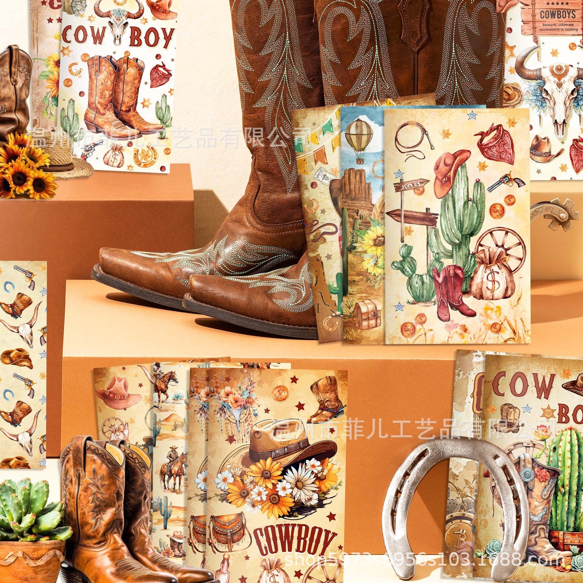 Watercolor Western Cowboy Pocket Notepad - Boots & Car Theme, 12 Pcs - ViktaShop