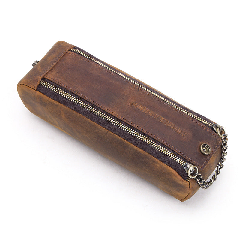 Vintage Leather Pencil Case – Handmade Large Capacity Double Zipper - ViktaShop