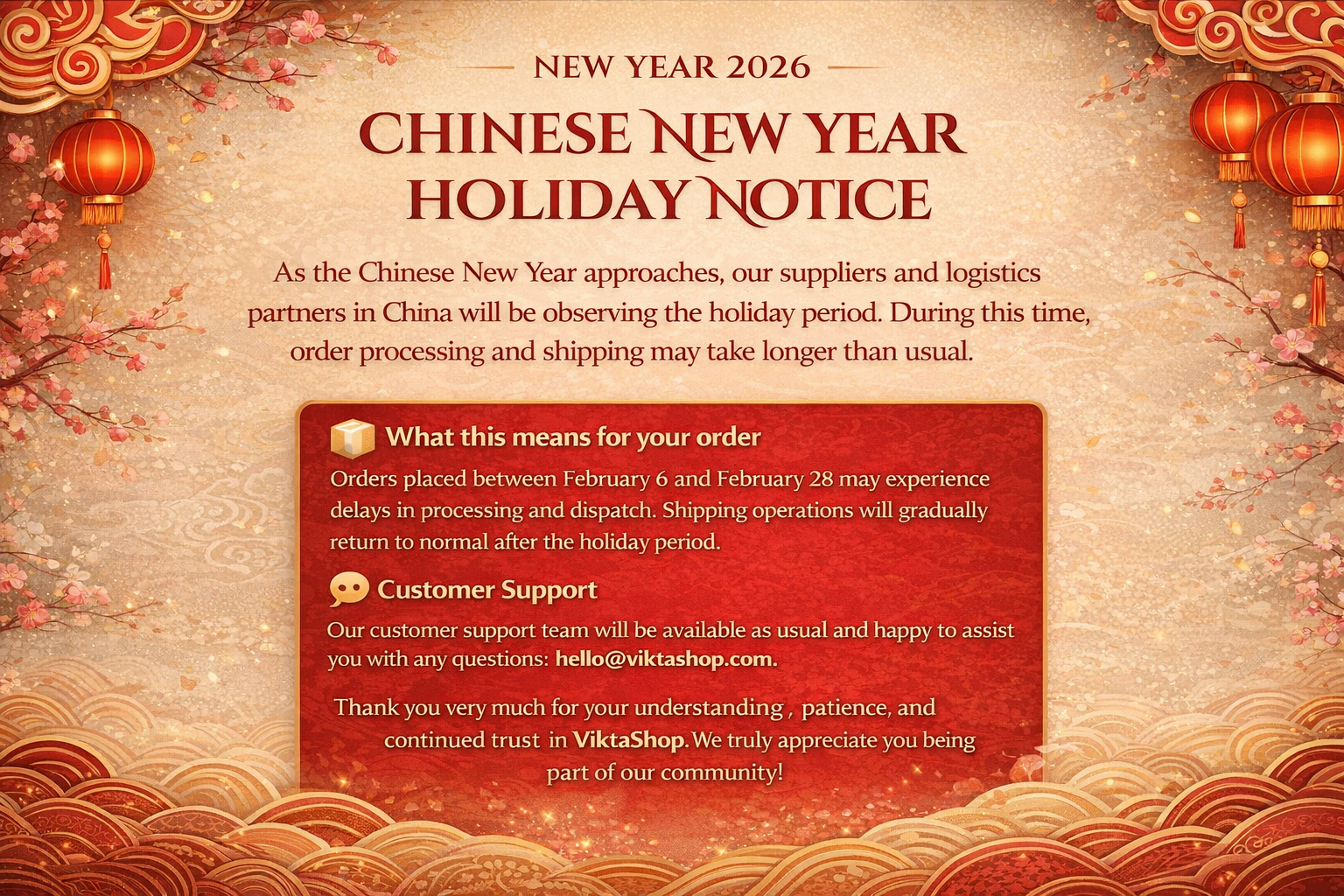 Chinese New Year Update: Shipping Schedule & Customer Support Notice