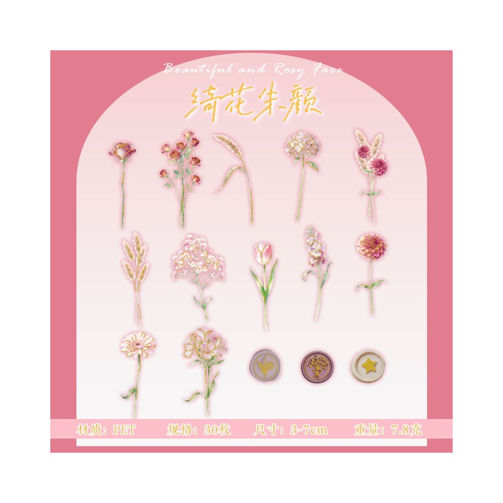 Flower Series Gold Foil PET Stickers 30 Pieces 4 Styles