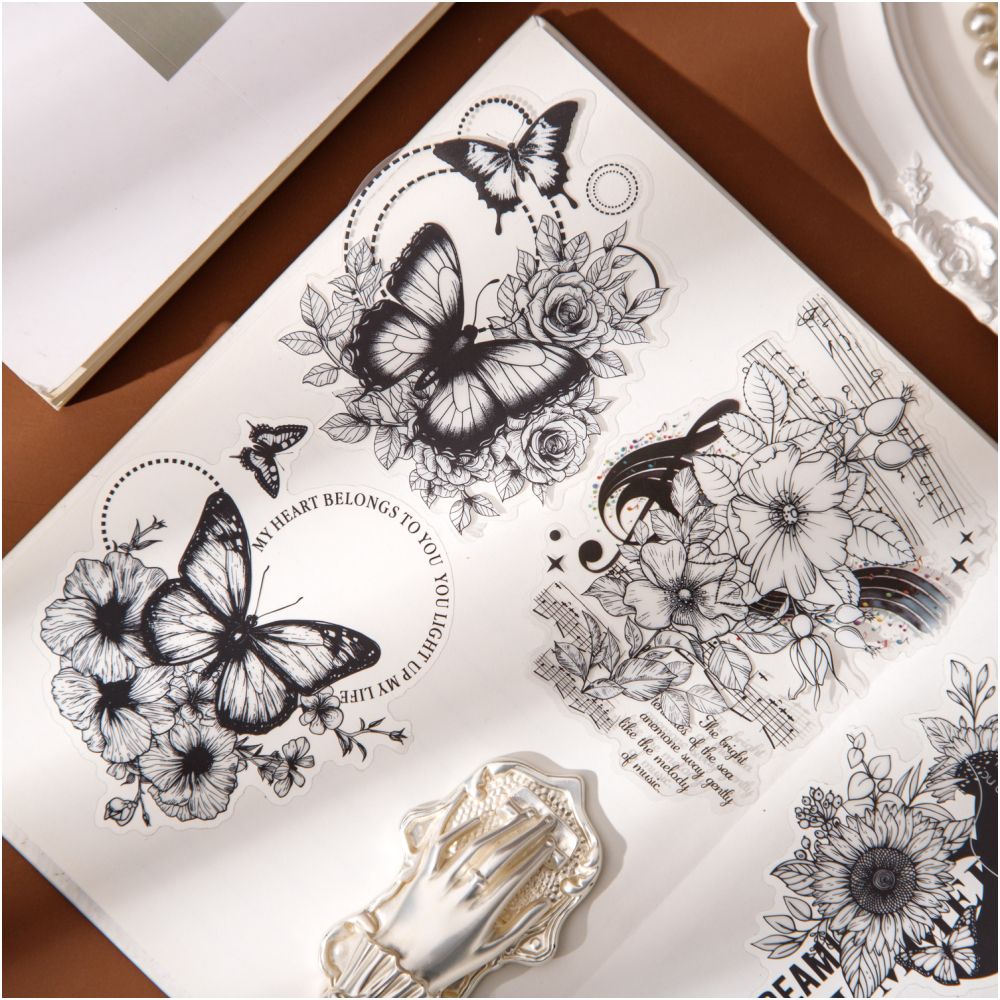 Black and White Floral Series PET Stickers 10 Sheets 6 Styles image 1