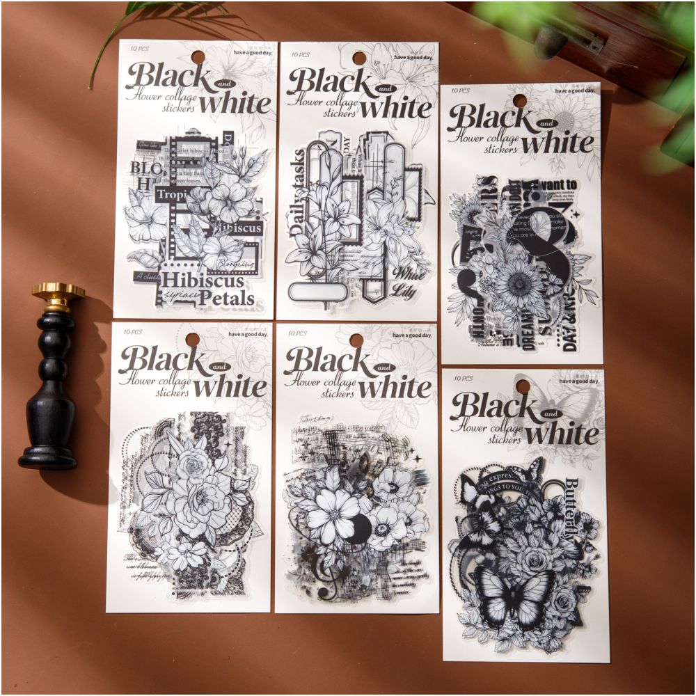 Black and White Floral Series PET Stickers 10 Sheets 6 Styles image 2