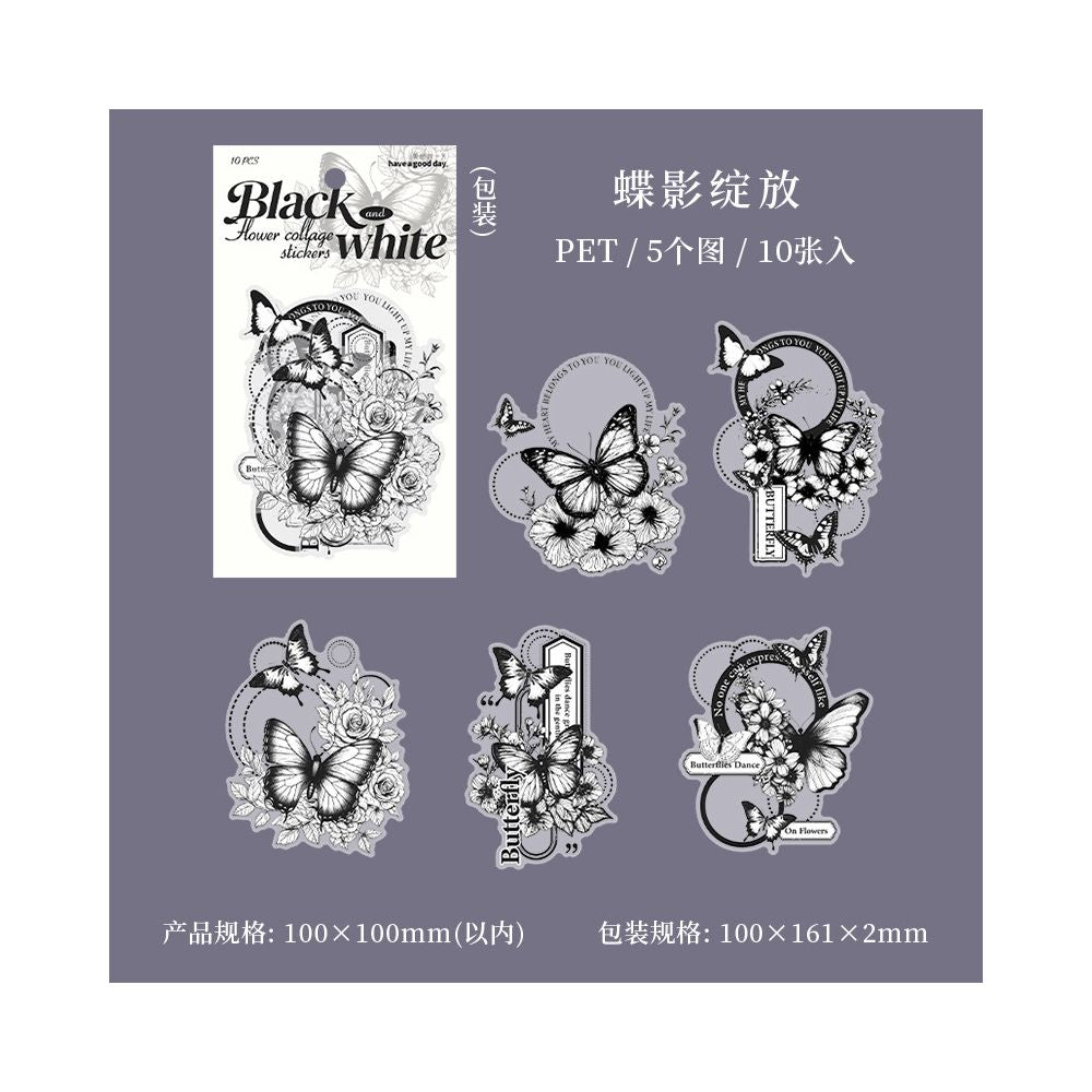Black and White Floral Series PET Stickers 10 Sheets 6 Styles - ViktaShop