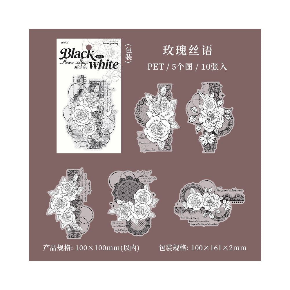 Black and White Floral Series PET Stickers 10 Sheets 6 Styles - ViktaShop