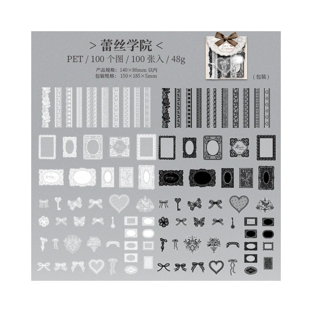 Lace Academy Series Black and White PET Stickers 100 Sheets - ViktaShop