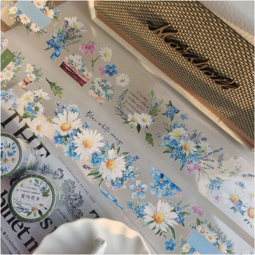Blue and White Chrysanthemum PET Tape 6cm x 3m image 3