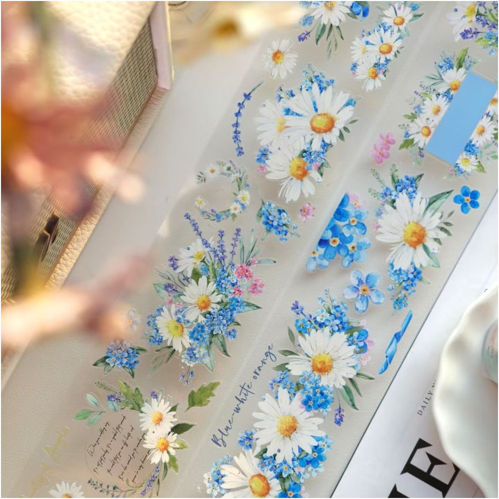 Blue and White Chrysanthemum PET Tape 6cm x 3m image 0