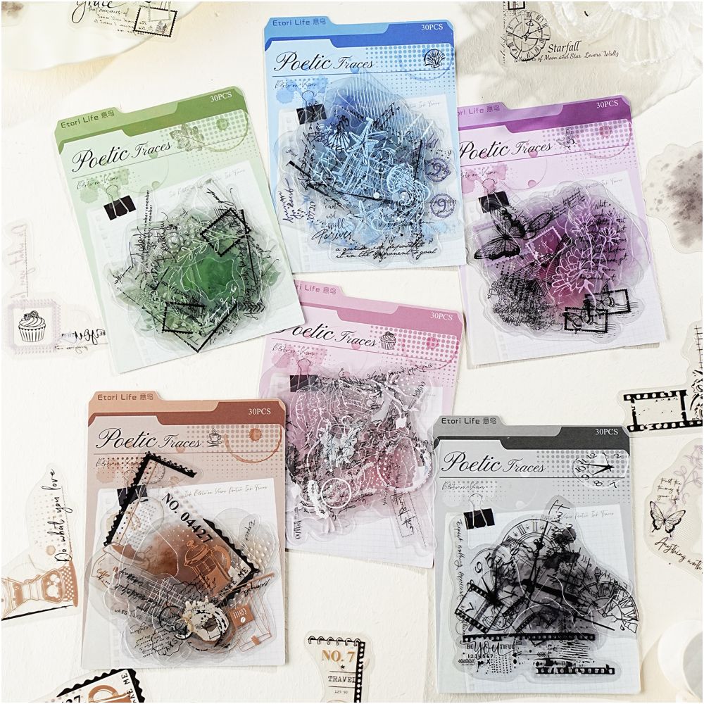 Poems and Ink Marks Series PET Stickers 30 Sheets 6 Designs image 0