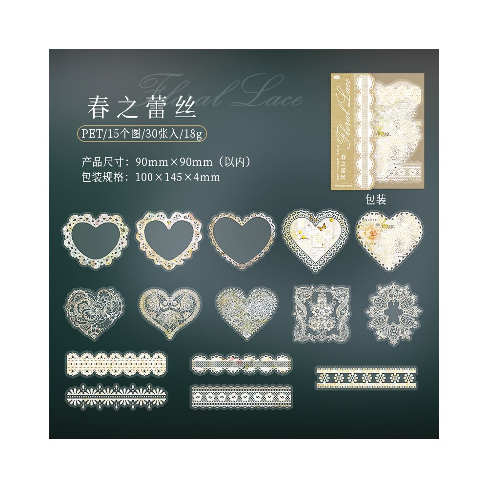 Floral Lace Series PET Stickers 6 Designs 30 Pcs