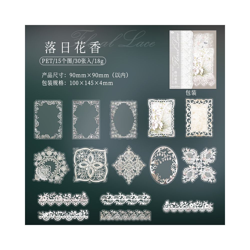 Floral Lace Series PET Stickers 6 Designs 30 Pcs