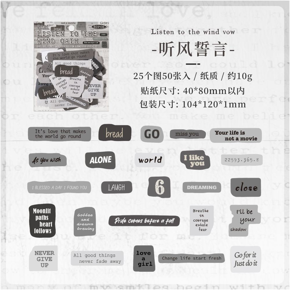 Vintage English Phrases Series paper Stickers 50 psc 6 Designs