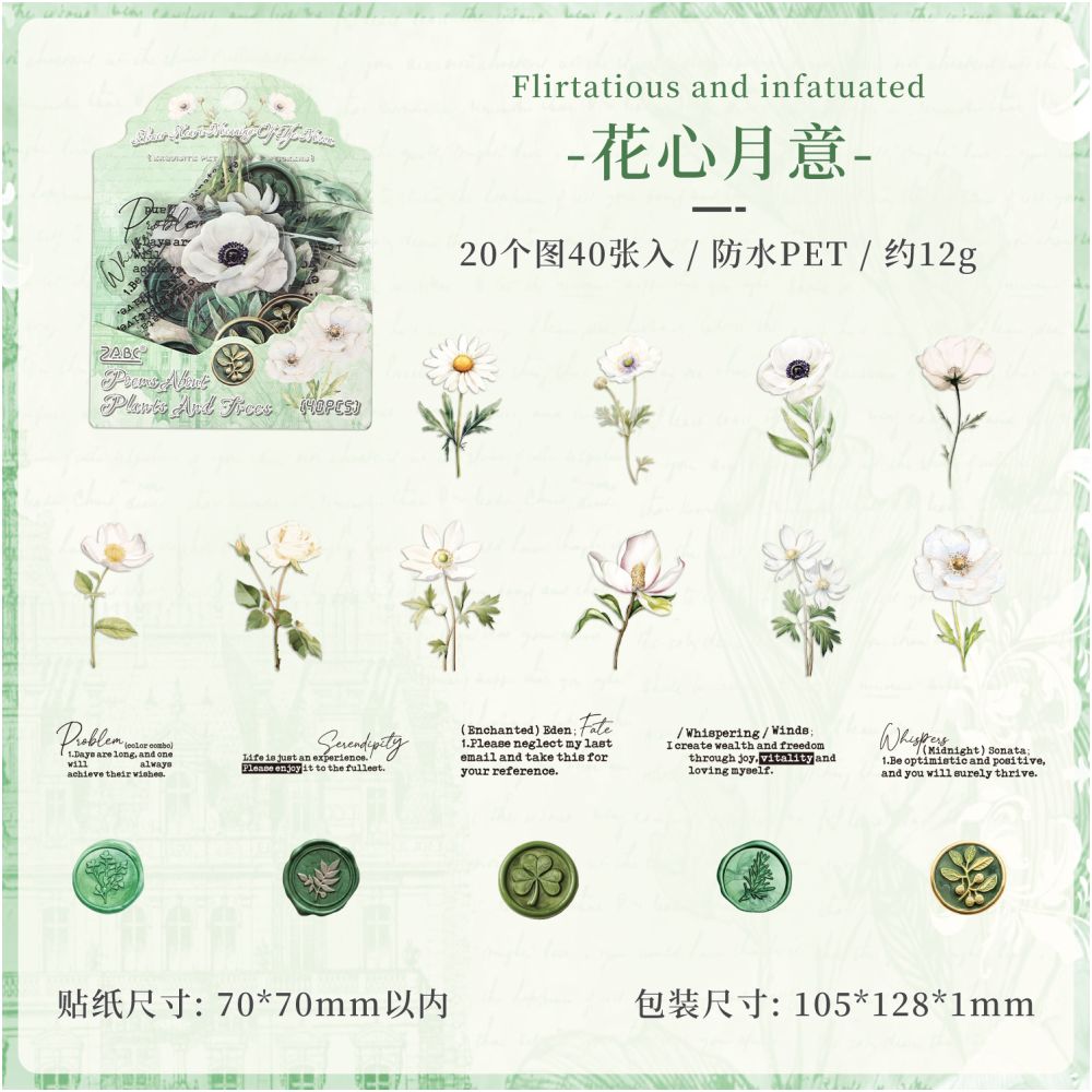 Poetry and Floral Series PET Stickers 6 Designs 40 Pcs