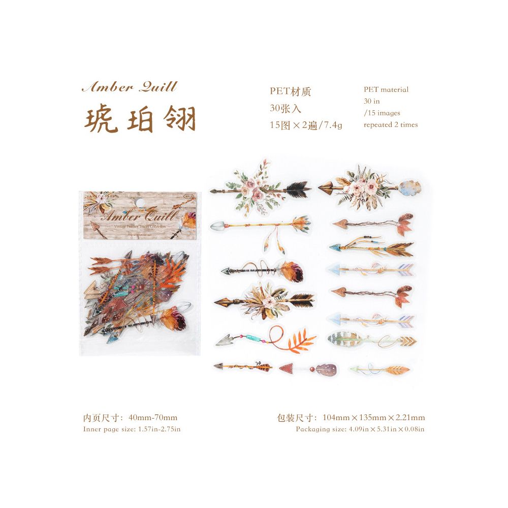 Vintage Feather Arrows PET Stickers 30psc 6 variants