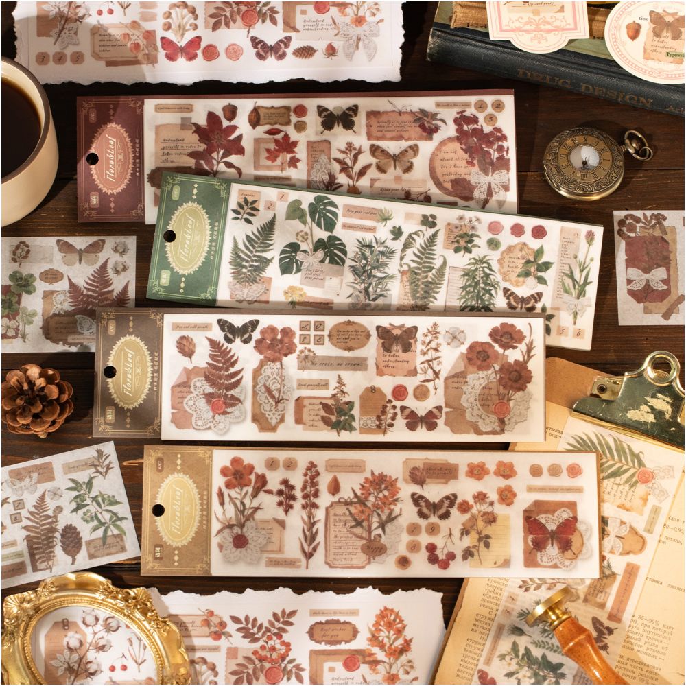 Vintage Plant Collage Washi stickers 4 Styles 6 Sheets image 0