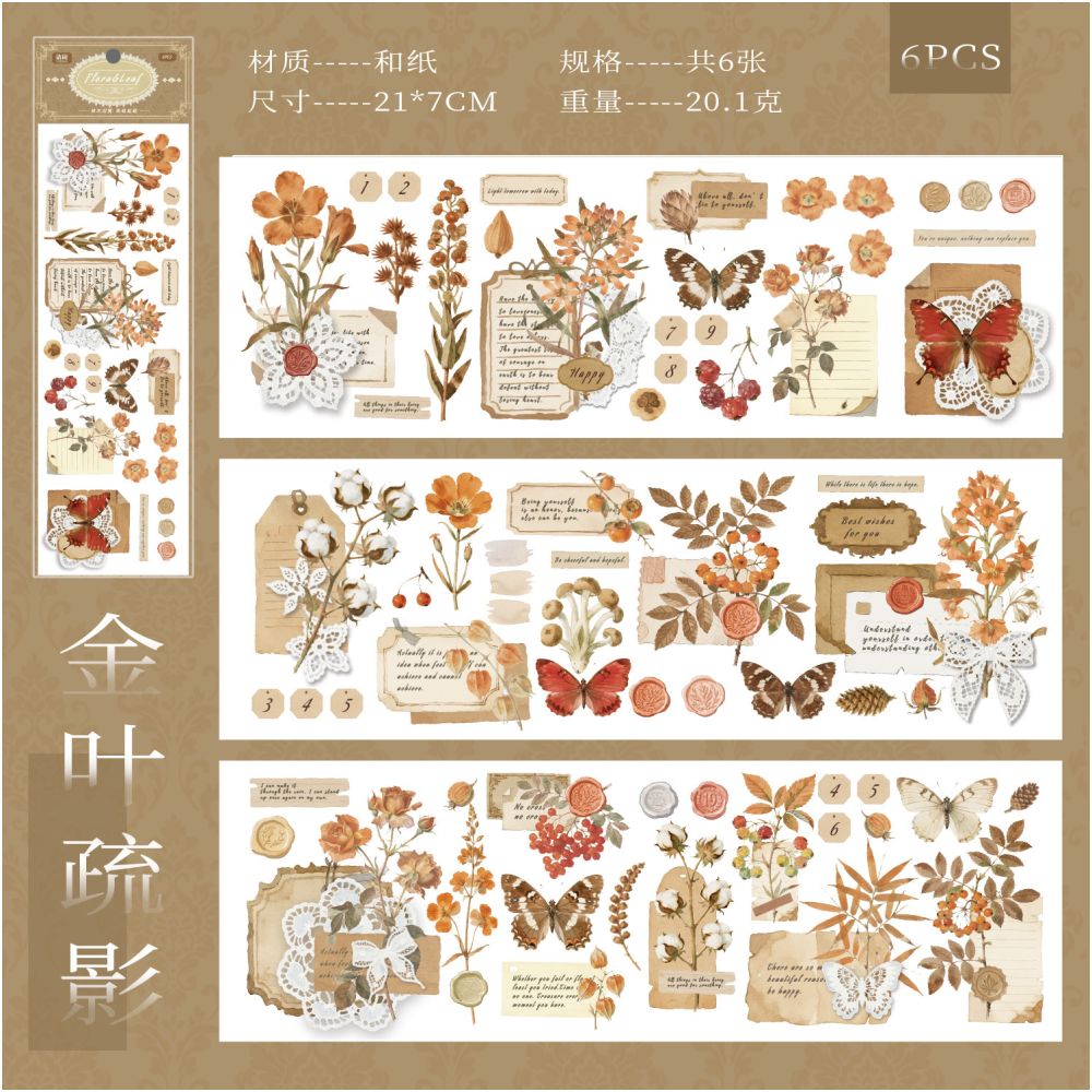 Vintage Plant Collage Washi stickers 4 Styles 6 Sheets