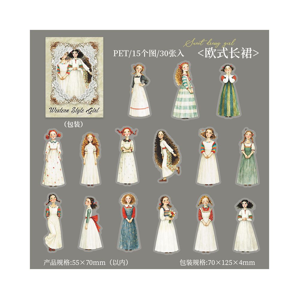 Sweet Dress Girl Character PET stickers 30psc 4 designs