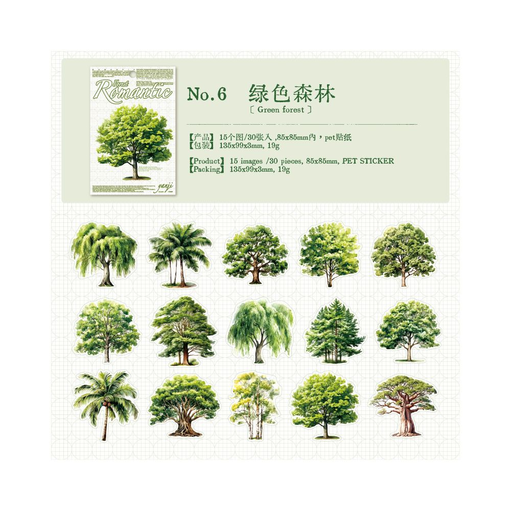 Romantic Forest Series PET Stickers 30 Psc 6 Designs
