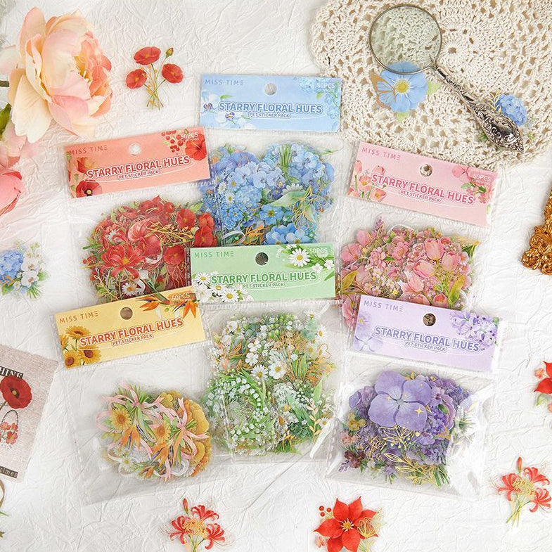 Starlight Floral Series PET Stickers 50 Psc 6 Designs image 0