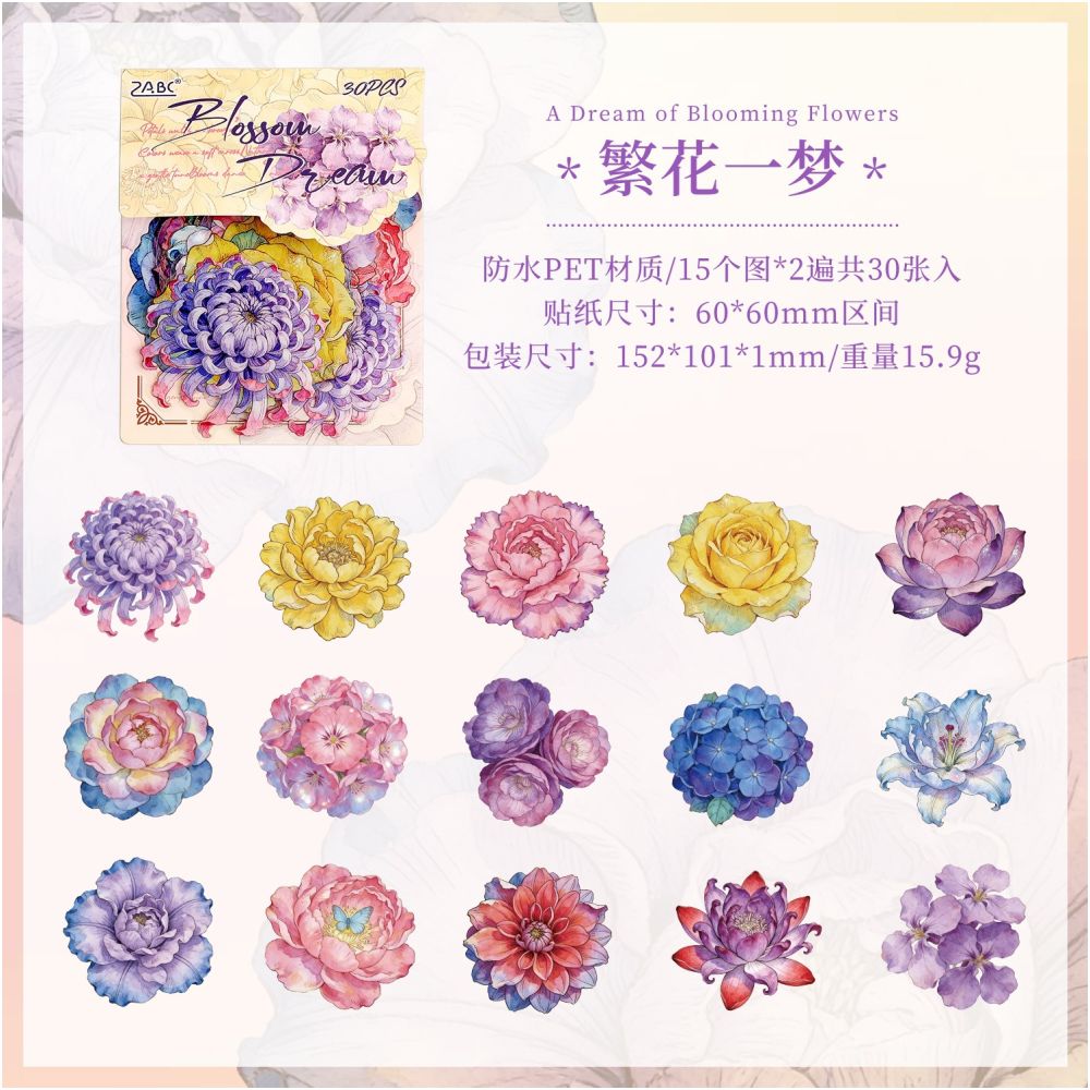 Floral Waltz Series PET Stickers 30 Psc 6 variants