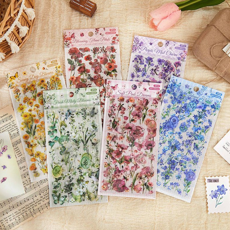 Floral Theme PET Stickers 10cm x 18cm 3 sheets 6 designs image 0