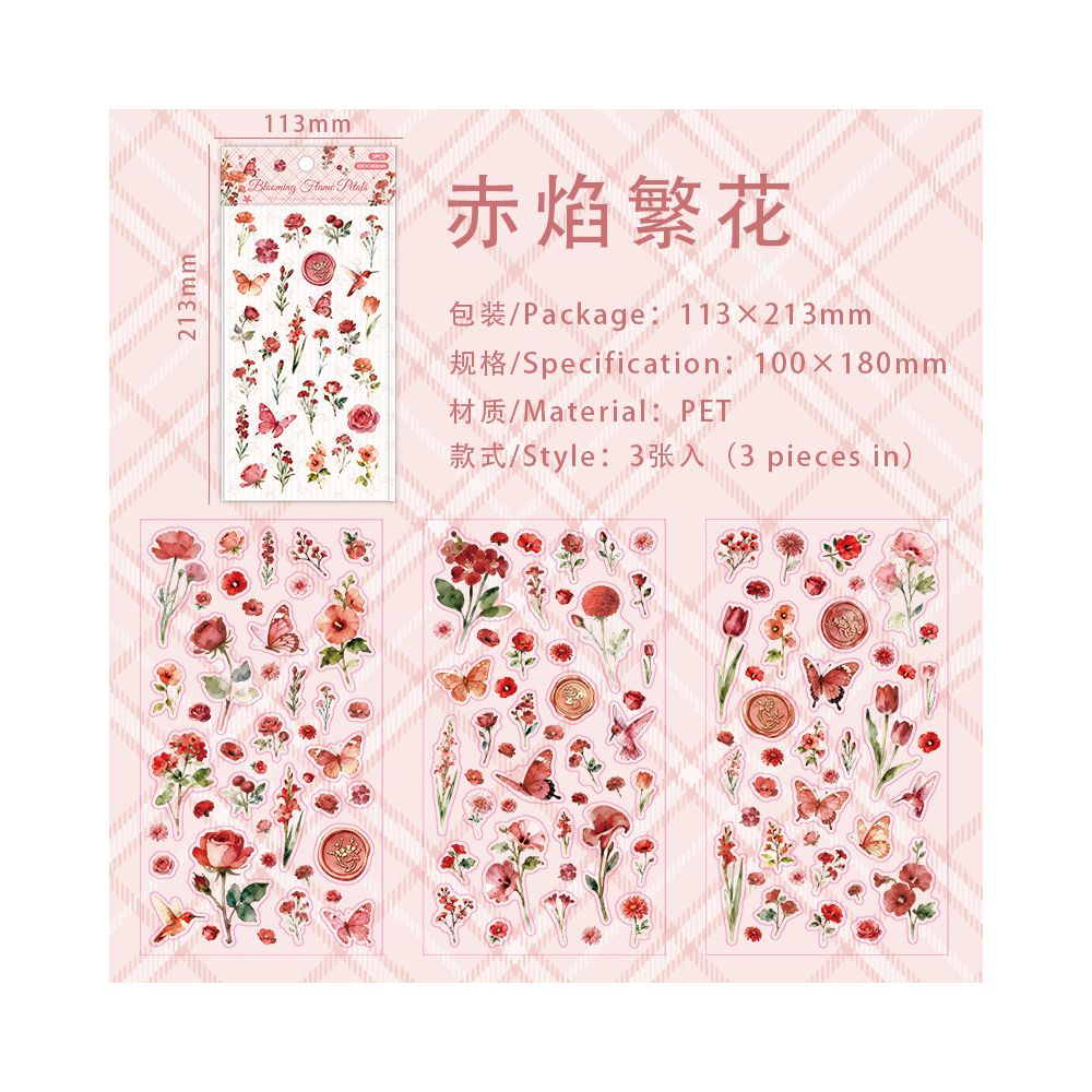 Floral Theme PET Stickers 10cm x 18cm 3 sheets 6 designs