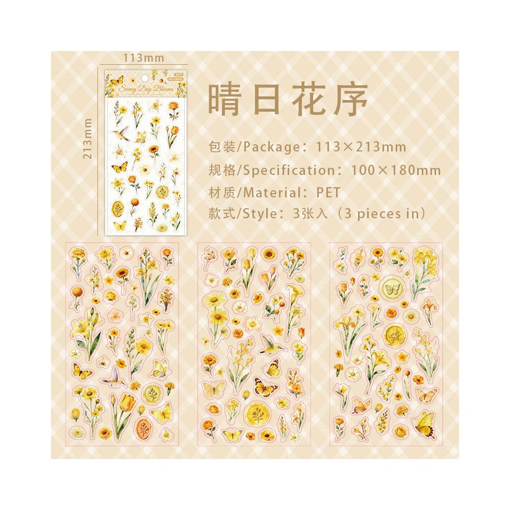 Floral Theme PET Stickers 10cm x 18cm 3 sheets 6 designs