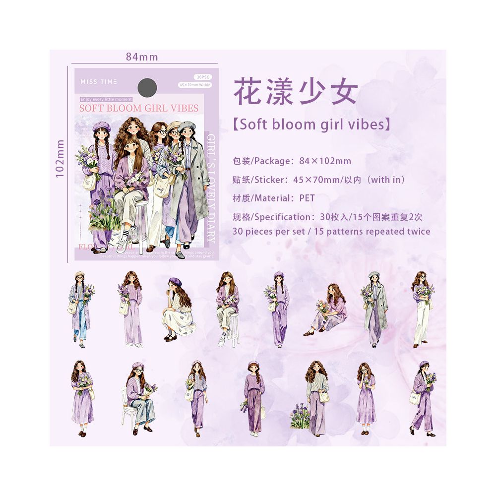 Bag Girls Character PET Stickers 30psc 4 Designs