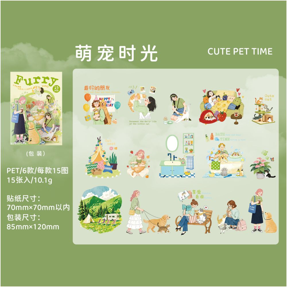 Everyday Leisure Theme PET Stickers 15 Sheets 6 Designs