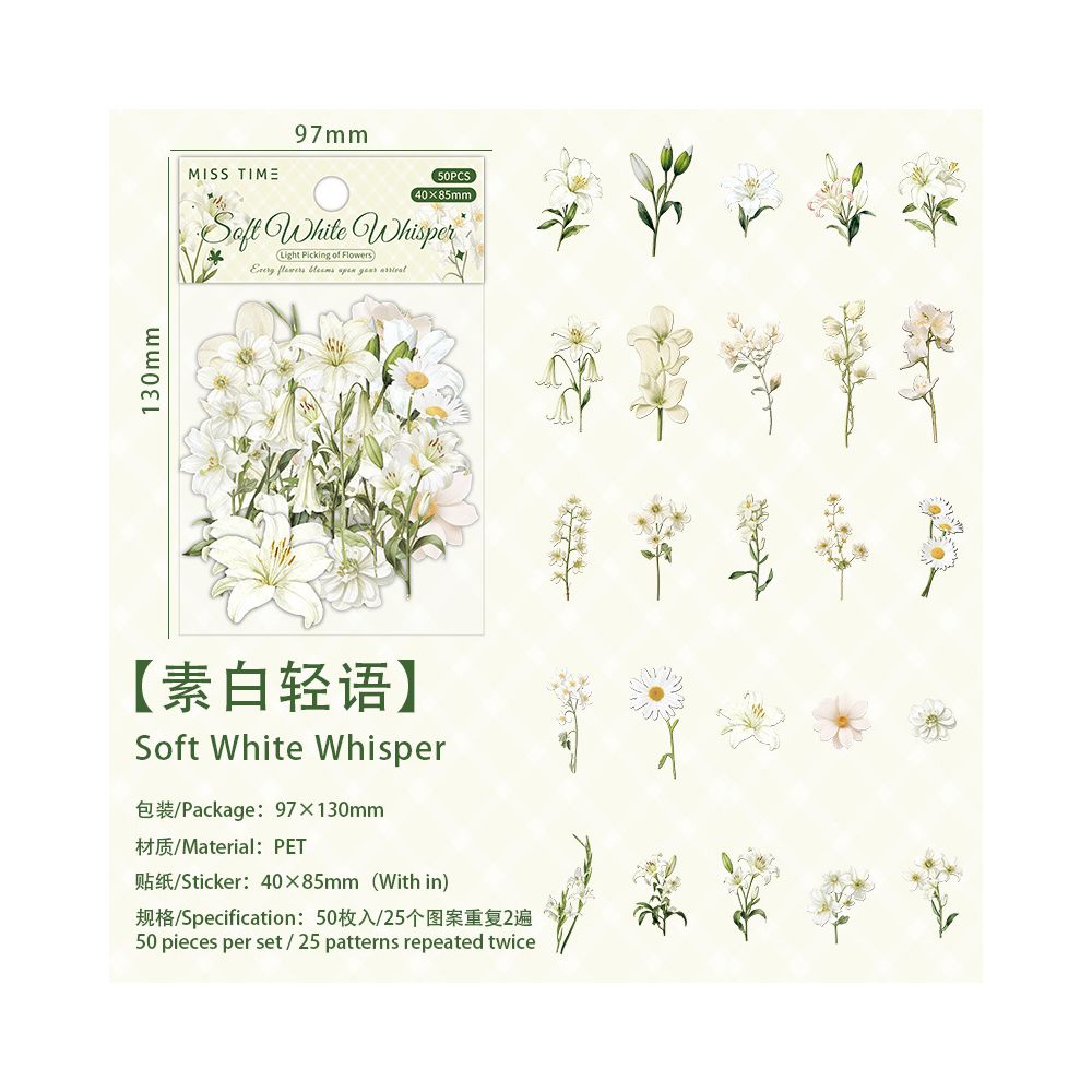 Floral Light Collection PET Stickers 50 Sheets 6 Designs