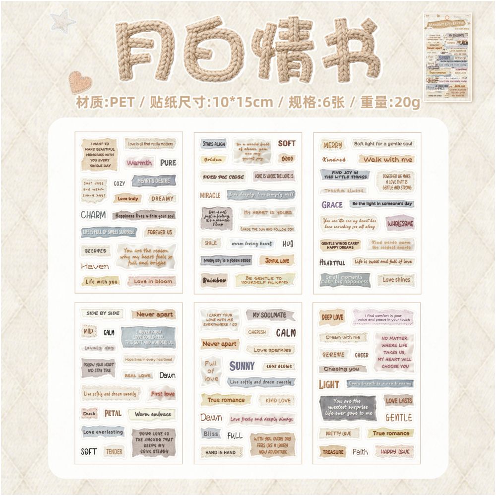 Word Collection Series PET Stickers 6 Sheets 4 Designs