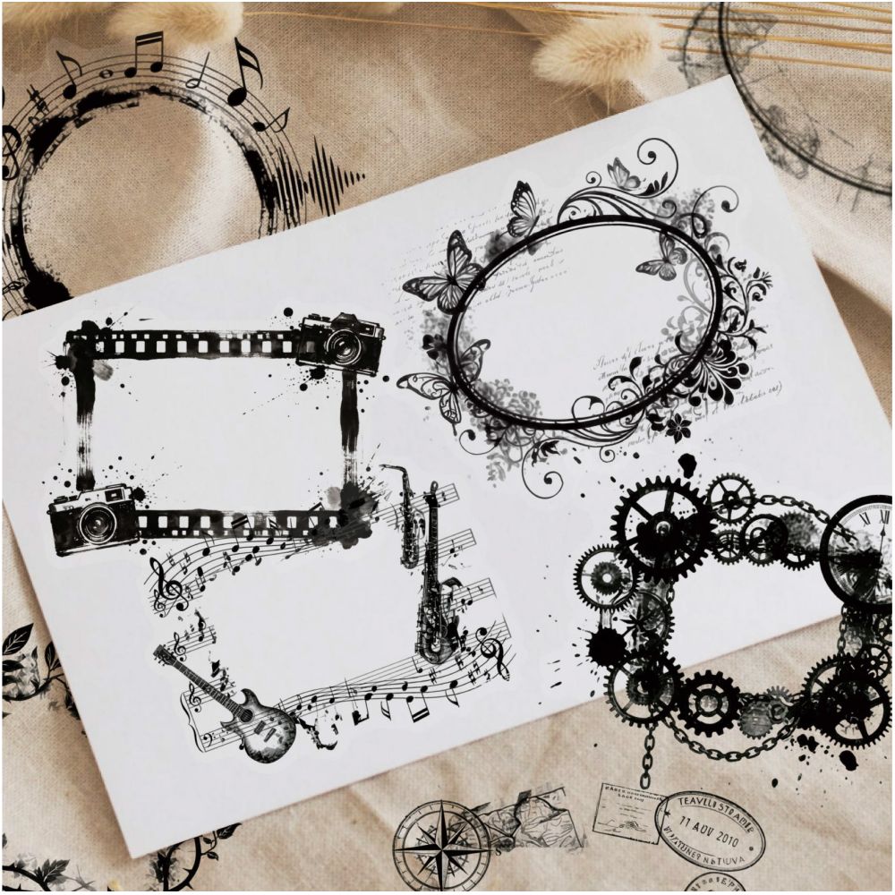 Black and White Picture Frame Series PET Stickers 16 Pcs 6 Styles image 0