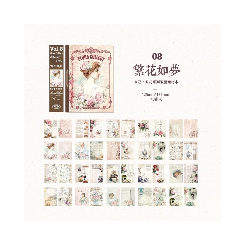 Vintage Floral Series Background Paper 12 5cm x 17 5cm 40 Sheets 8 Designs